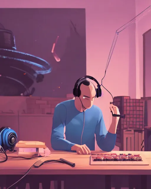 Image similar to man with headphones at his home studio producing music late at night, very detailed, 4 k, cory loftis, james gilleard, atey ghailan, makoto shinkai, goro fujita, studio ghibli, rim light, exquisite lighting, clear focus, very coherent