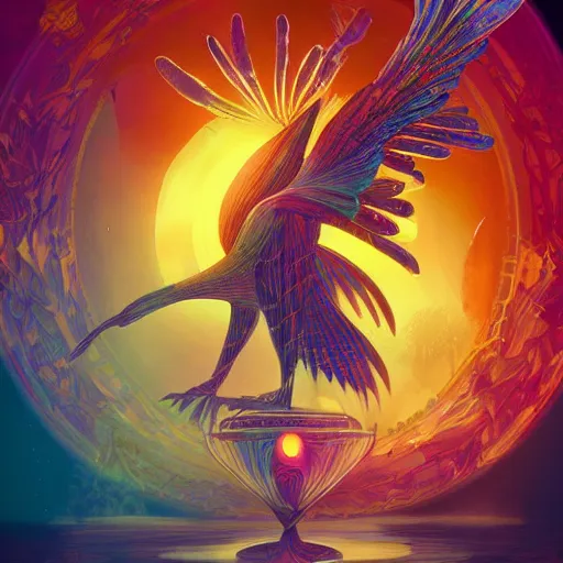 Image similar to the solarpunk phoenix, red bird, ornate egg, regeneration, landscape, epic composition, volumetric light, bokeh, inspired by peter mohrbacher and by alphonse mucha