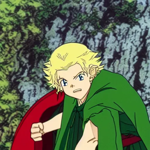 Prompt: merry from the anime lord of the rings (1986), blond hair, hobbit, green cape, studio ghibli, very detailed, realistic