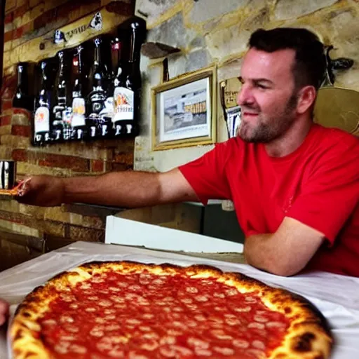 Image similar to A man eats a 48 inch pepperoni pizza, guiness book of world records, in an italian eatery, photography