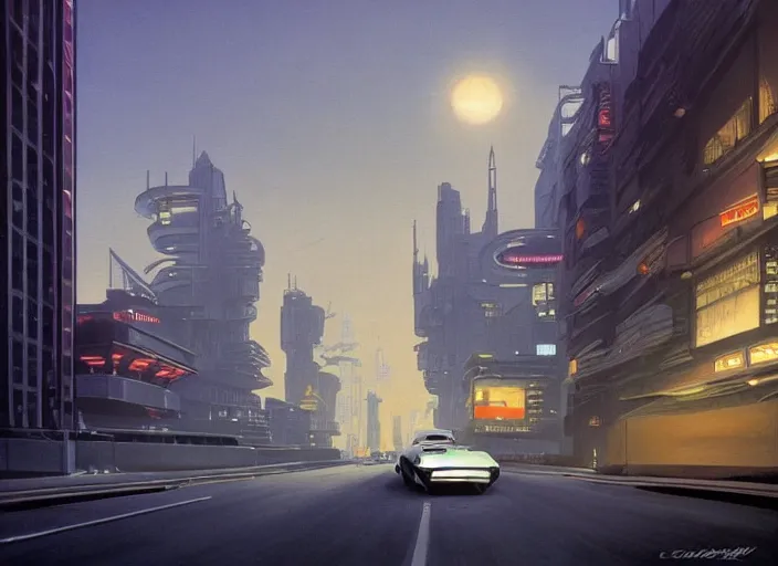 Image similar to a car driving down a street next to building the night, cyberpunk art by Chesley Bonestell, cgsociety, retrofuturism, matte painting, reimagined by industrial light and magic