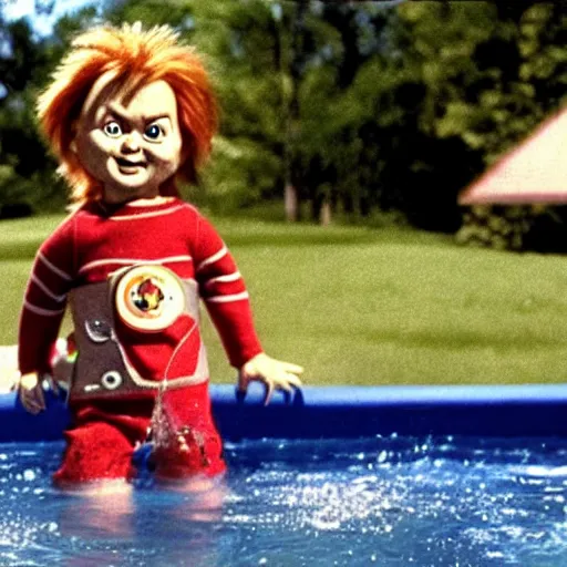 Image similar to chucky as a cool pool champ, movie still