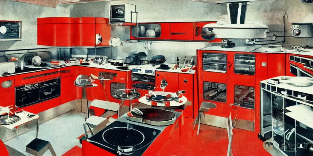 Image similar to soviet retro - futuristic kitchen, space station