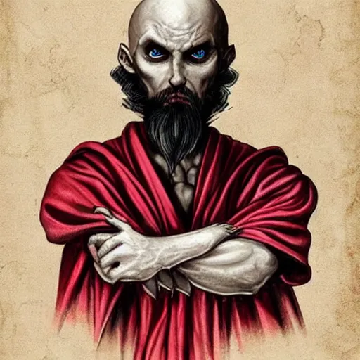 Image similar to d & d painting portrait necromancer man with bald head, red eyes, pallid skin, long flowing black and red robes. in style of leonardo davinci