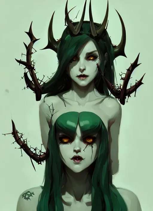 Image similar to cute succubus girl with crown of thorns and horns with runic tattoos, dark fantasy, by atey ghailan, by greg rutkowski, by greg tocchini, by james gilleard, by joe gb fenton, by in kaethe butcher, dynamic lighting, gradient light green, brown, blonde cream and white color in scheme, grunge aesthetic