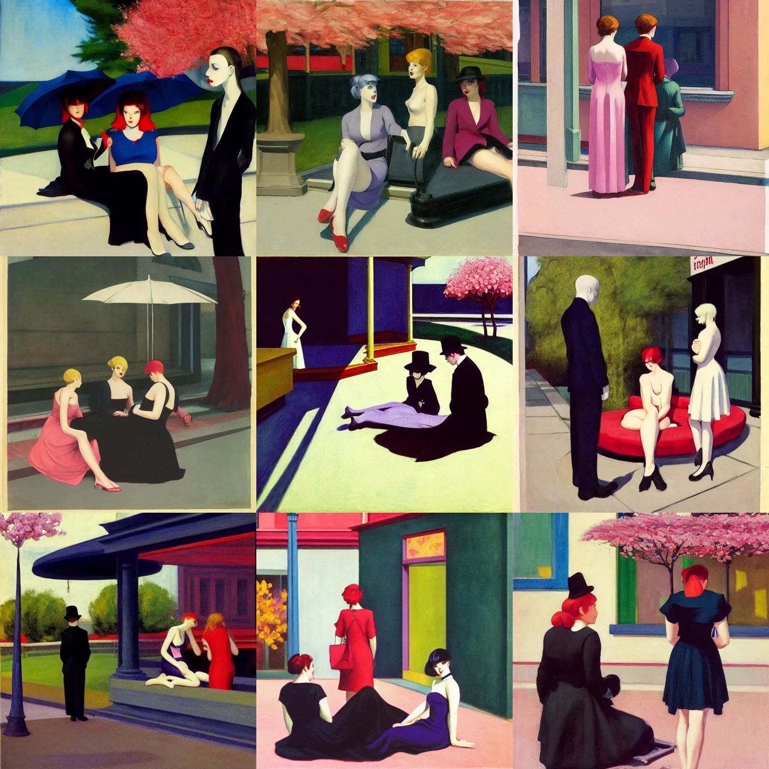 Prompt: art by edward hopper. three goths loitering in the shade, talking beneath a cherry blossom outside a blockbuster store.