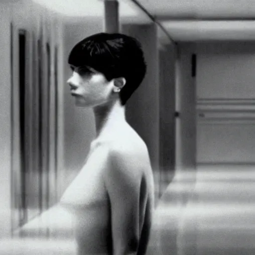 Image similar to cinematic portrait of a runaway replicant in an empty room, still from the movie bladerunner