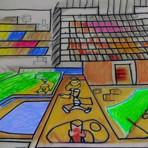 Image similar to children's crayon drawing of quake iii area deathmatch, fps, video game screenshot