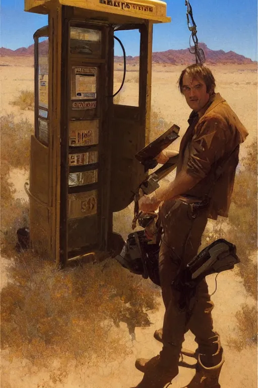 Image similar to saul goodman at a lonely!!!! pay phone in the desert!!!!, painting by'phil hale '!!! gaston bussiere, craig mullins, greg rutkowski, alphonse mucha,