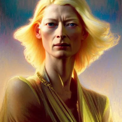 Image similar to young adult tilda swinton as lucifer morningstar, long blond hair, natural lighting, path traced, highly detailed, high quality, digital painting, by gaston bussiere, craig mullins, alphonse mucha j. c. leyendecker