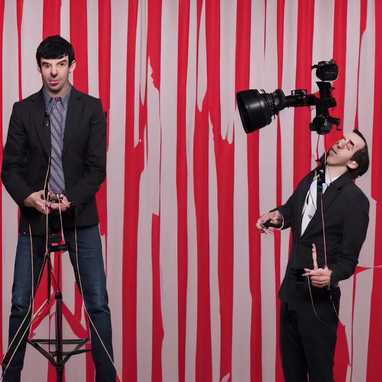 Image similar to dslr photograph of nathan fielder from nathan for you on comedy central behind a puppet stage with a red curtain as multiple marionette puppets controlled by hands holding the strings, high detail!!! 8 k photorealism sharp focus volumetric lighting, coherent!!! art directed