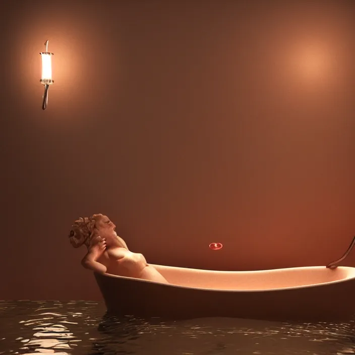 Prompt: a nymp swimming in a wooden tub while it's blood moon, au naturel, digital art, trending in artstation, cinematic lighting, studio quality, unreal engine 5 rendered