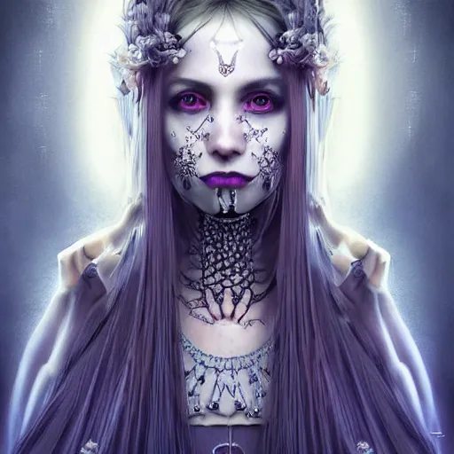 Image similar to symmetrical portrait of a beautiful dead princess female 4K symmetrical portrait, magical,fantasy , final fantasy, whole body, hyperrealism, cyberpunk, concept art, realistic, highly detailed, Featured on Artstation, cgsociety, Behance, Tom Bagshaw, Ross Tran, Japan Taiwan ,Soft lighting, attractive, highly detailed. intricate details. trending on artbreeder | zdzislaw beksinski. dariusz zawadzki. Michael Hutter. Peter Mohrbacher. Alfons Mucha. artstation