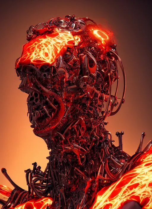 Image similar to a portrait up of a creepy looking biomechanical demon head, gigeresque cyberpunk art by ikuo hirayama, photorealism, octane render, behance hd, polycount, glowing fire background