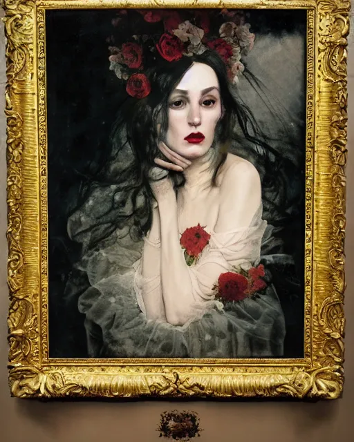 Image similar to a beautiful and eerie baroque painting of a beautiful but serious woman in layers of fear, with haunted eyes and dark hair piled on her head, 1 9 7 0 s, seventies, floral wallpaper, wilted flowers, a little blood, morning light showing injuries, delicate embellishments, painterly, offset printing technique, by brom, robert henri, walter popp