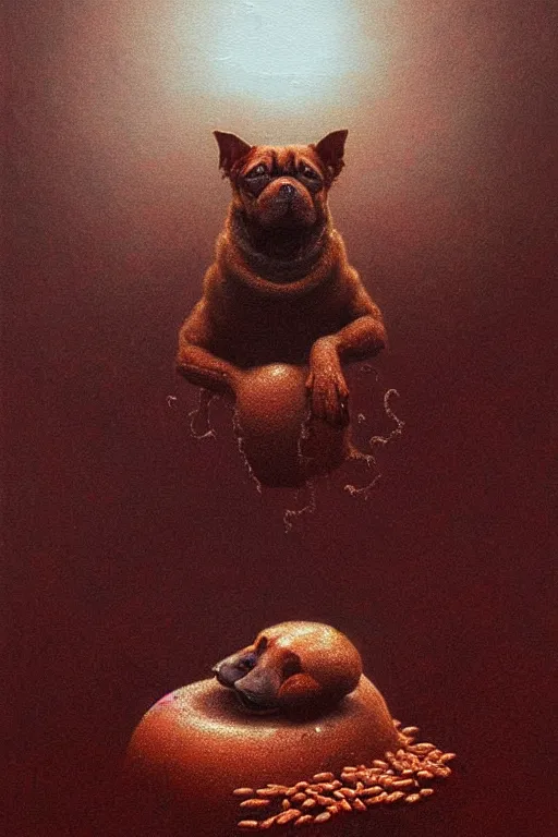 Prompt: painting of a very cute dog made of baked beans, baked bean skin texture, by zdzislaw beksinski, by dariusz zawadzki, by wayne barlowe, gothic, surrealism, cosmic horror, lovecraftian, cold hue's, warm tone gradient background, concept art, beautiful composition