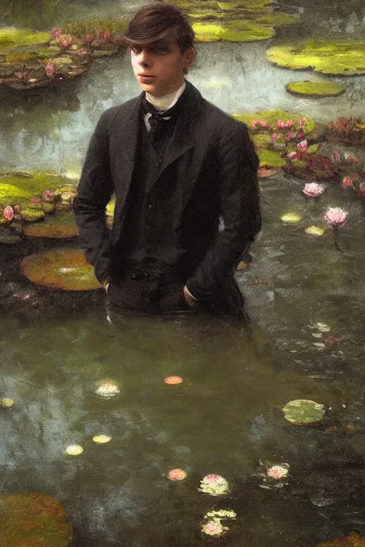 Image similar to detailed cinematic moody colors studio portrait of a young victorian gentleman in a beautiful victorian water pond, water lilies, high quality by jeremy mann, only one head single portrait