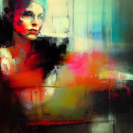 Prompt: abstract painting of woman in bright colours by jeremy mann