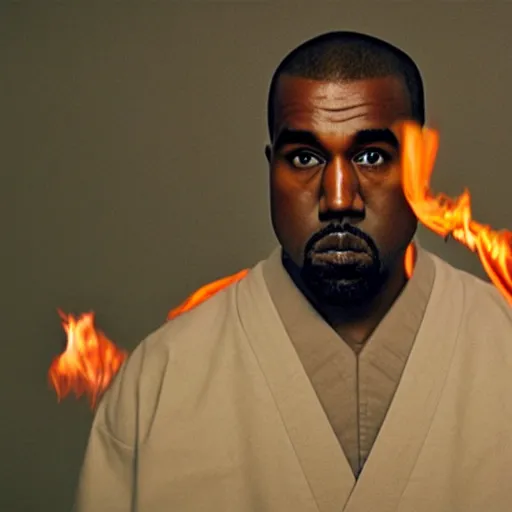 Image similar to cinematic film still of Kanye West starring as a Japanese Sensei with fire, Japanese CGI, VFX, 2003, 40mm lens, shallow depth of field, film photography