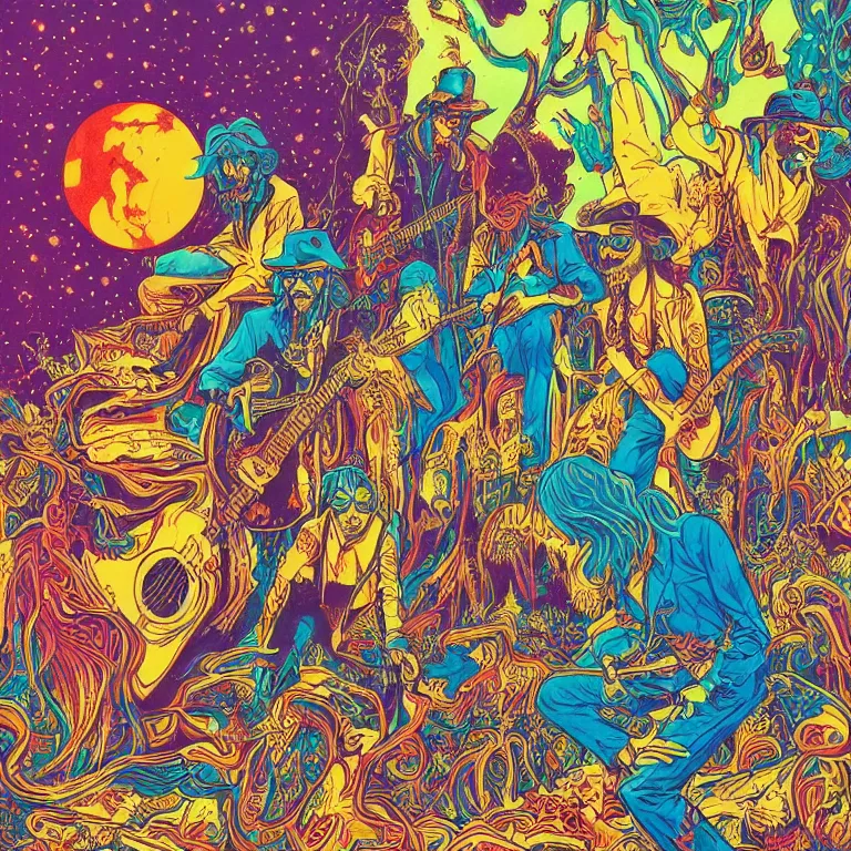 Prompt: beautiful colorful hyperrealist highly detailed psychedelic music poster'zombie beegees ', psychedelic art nouveau, beautiful high contrast colored wood engraving, moebius comic style, shocking detail trending on artstation 8 k