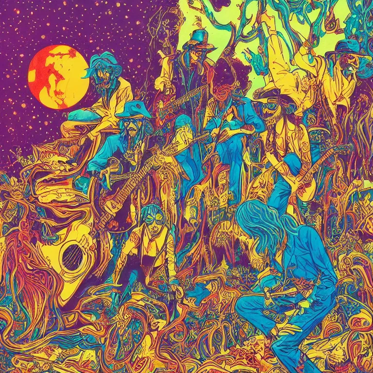 Image similar to beautiful colorful hyperrealist highly detailed psychedelic music poster'zombie beegees ', psychedelic art nouveau, beautiful high contrast colored wood engraving, moebius comic style, shocking detail trending on artstation 8 k