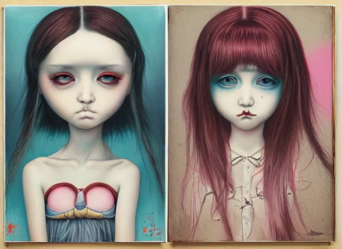 Image similar to pop surrealism, lowbrow art, realistic cute girl painting, japanese street fashion, hyper realism, muted colors, mark ryden, trevor brown style