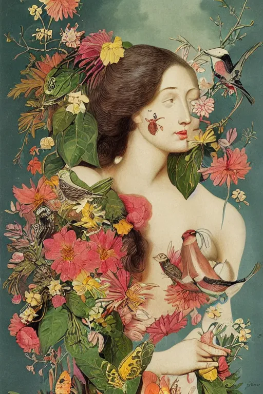 Image similar to beautiful girl Amalgamation with flowers, fruits, birds by Beto Val, John James Audubon, vintage illustration, bizarre compositions, Exquisite detail