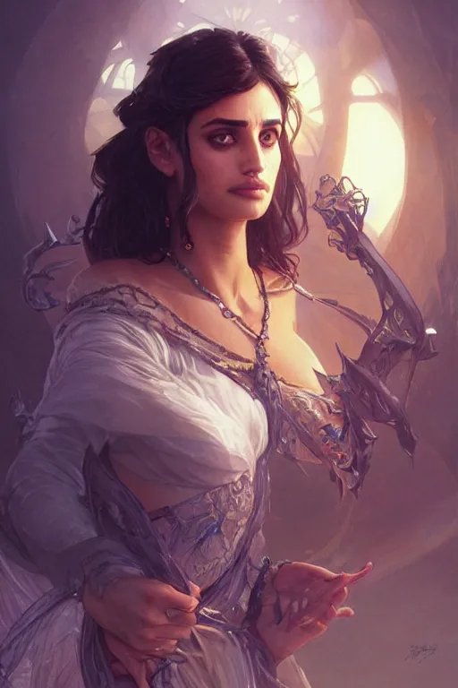 Image similar to penelope cruz , D&D, fantasy, intricate, cinematic lighting, highly detailed, digital painting, artstation, concept art, smooth, sharp focus, illustration, art by Artgerm and Greg Rutkowski and Alphonse Mucha