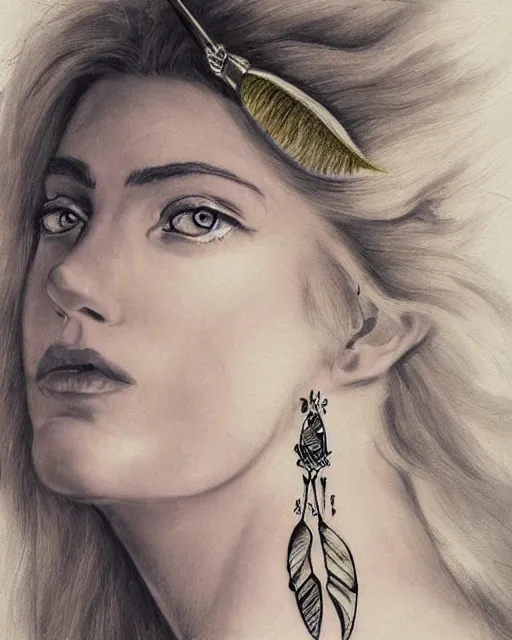 Image similar to tattoo sketch of beautiful greek goddess aphrodite with arrowhead earrings and beautiful feather jewelry, beautiful piercing eyes, beautiful blonde hair, hyper realistic face, in the style of greg rutkowski, fantasy, amazing detail, epic, elegant, smooth, sharp focus, from the front