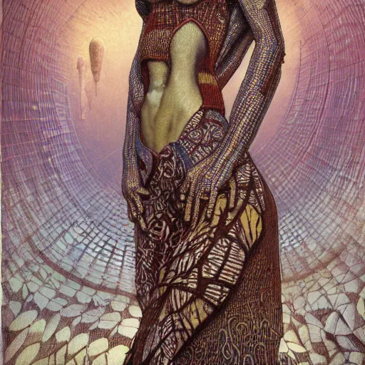 Image similar to portrait of tall, long-necked lipless mutant woman covered with elaborately patterned brown and white scales wearing gauze toga and standing in cyberpunk art deco mosque by Beksinski, Bruegel, Greg Rutkowski, Alphonse Mucha, and Yoshitaka Amano