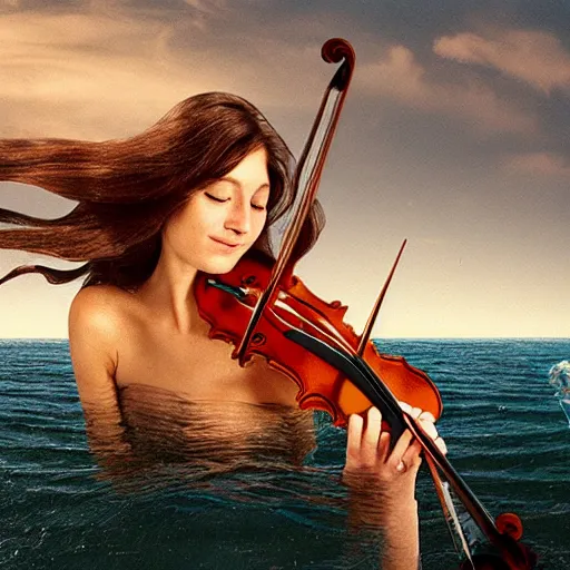 Image similar to a beautiful long - haired mermaid playing the violin in the wide ocean among fish