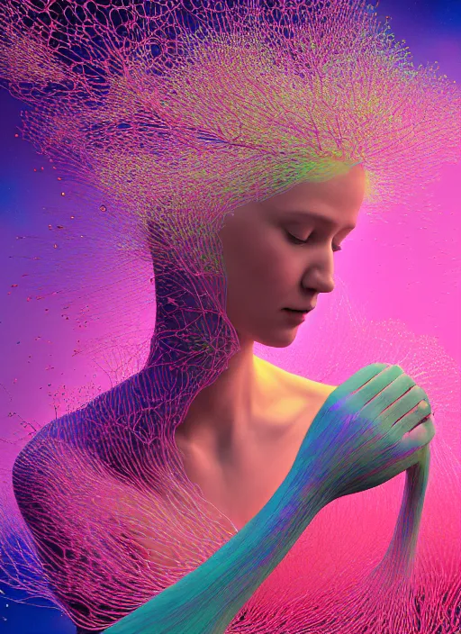 Prompt: hyper detailed 3d render like a painting - Aurora (Singer) seen Eating of the Strangling network of yellowcake aerochrome and milky Fruit and Her delicate Hands hold of gossamer polyp blossoms bring iridescent fungal flowers whose spores black the foolish stars by Jacek Yerka, Mariusz Lewandowski, Houdini algorithmic generative render, Abstract brush strokes, Masterpiece, Edward Hopper and James Gilleard, Zdzislaw Beksinski, Mark Ryden, Wolfgang Lettl, hints of Yayoi Kasuma, octane render, 8k