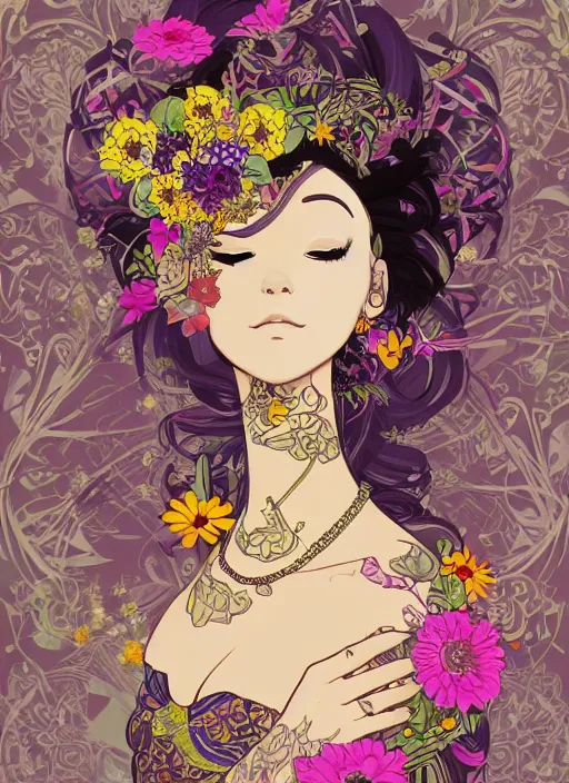 Prompt: !!! very coherent!!! vector art, beautiful floralpunk balinese cyborg portrait girl female illustration detailed patterns art of bali traditional dress, hands wearing gloves, flower pop art, floral splash painting, art by ashley wood, alphonse mucha, makoto shinkai, geof darrow, dark shadow