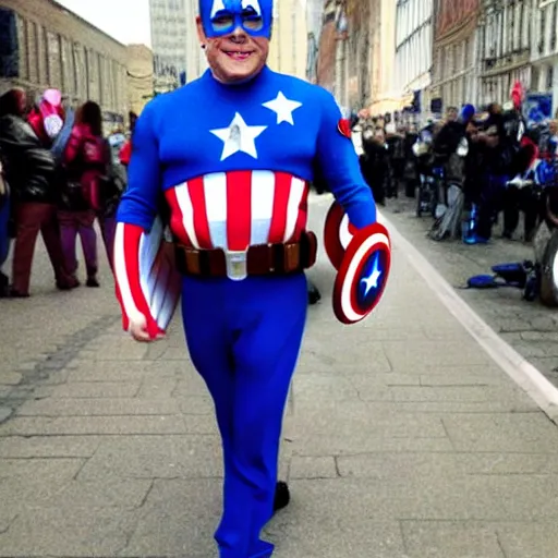 Prompt: Elton John dressed as captain America