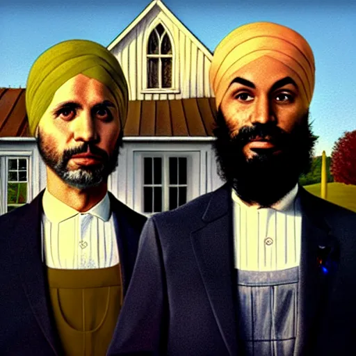 Image similar to Justin Trudeau next to Jagmeet Singh, pictured in the american gothic painting, concept art, sharp focus, highly detailed digital painting by Grant Wood, artstation