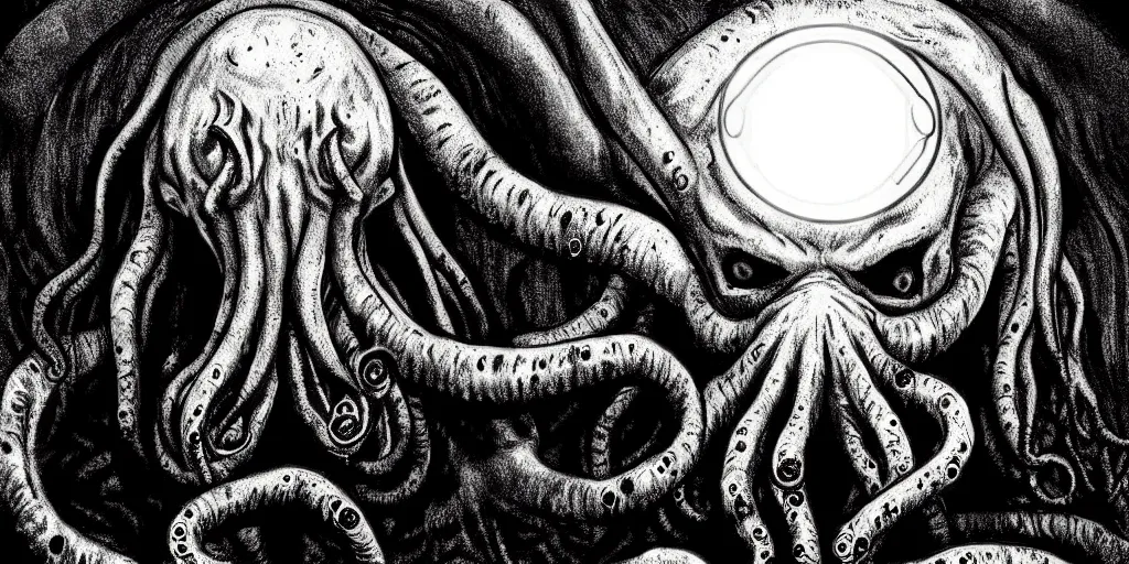 Prompt: digital art, portrait of a cthulhu, horror, gigantic, scary, graphic novel, cool light, wide angle lens, edvard munch