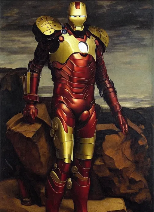 Image similar to a ironman in ancient suit, with his suit as war armor, in the style of a renaissance painting, insane detail, chiaroscuro oil painting, jan matejko, caravaggio, jan van eyck, gustave courbet, edward hopper, trending on artstation, artgerm