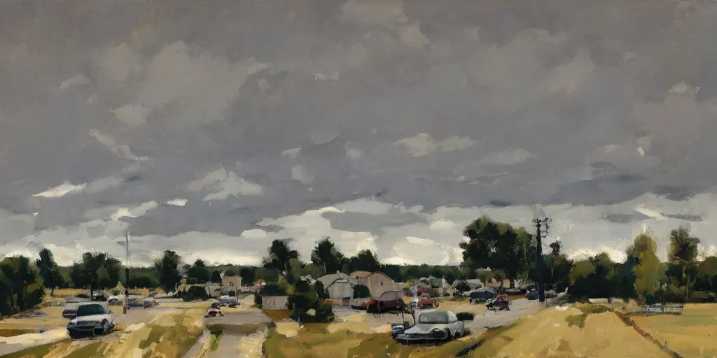 Prompt: us suburbs, ominous sky, ben aronson 1950