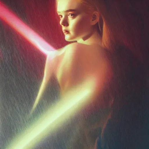 Image similar to silhouette of Elle Fanning dodging laser beams, stormy weather, extremely detailed masterpiece, oil on canvas, low-key neon lighting, artstation, Blade Runner 2049, Roger Deakin’s cinematography, by J. C. Leyendecker and Peter Paul Rubens,