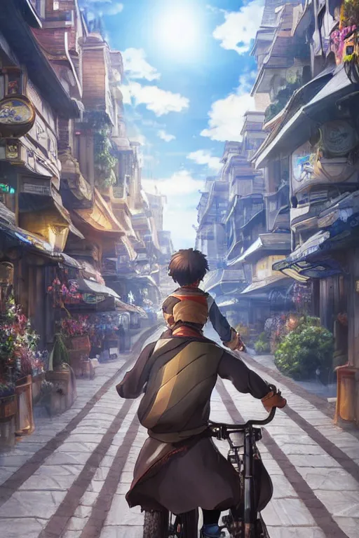 Image similar to ultra detailed keyart of sci - fy movie, a boy carrying a sword in his back is riding a simple bycycle in the main street of isekai shinjuku