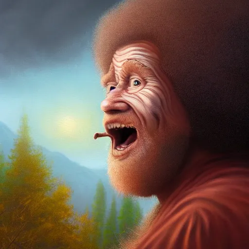 Prompt: bob ross is yawning and is very very very sleepy, eyes are closed, close - up, deep focus, extremely detailed digital painting, vibrant colors, in the style of tomasz alen kopera and fenghua zhong and peter mohrbacher, mystical colors, rim light, beautiful lighting, 8 k, stunning scene, raytracing, octane, trending on artstation