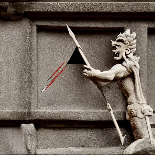 Image similar to an arrow shooting from the mouth of a stone gargoyle in an ancient temple, anime style