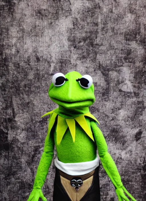 Prompt: portrait of kermit the frog dressed as micolash, host of the nightmare, by charlotte grimm, natural light, detailed face, canon eos c 3 0 0, ƒ 1. 8, 3 5 mm, 8 k, medium - format print, half body shot