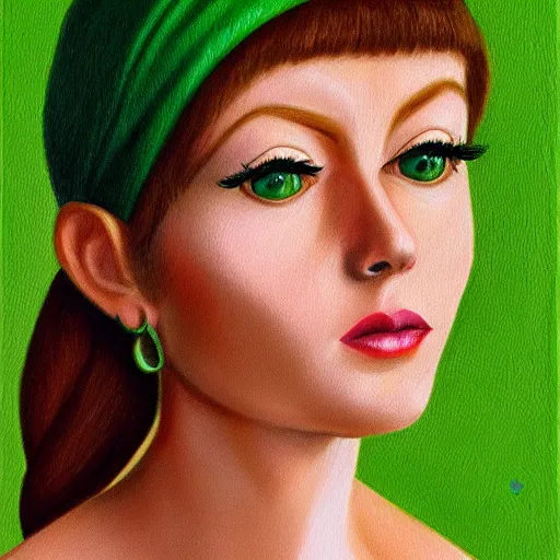 Image similar to portrait of a beautiful woman in green in the style of Margaret Keane, realistic, highly detailed, HD, 4k