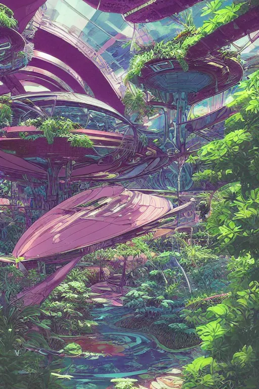 Image similar to concept art painting of a multi level botanical garden spaceship, artgerm, moebius, inio asano, toon shading, cel shading, calm, tranquil, vaporwave colors,