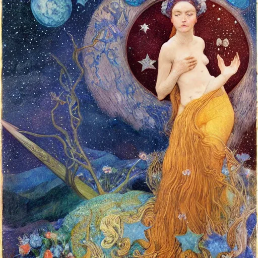 Prompt: queen of the moon with stars in her hair, by annie swynnerton and tino rodriguez and nicholas roerich and lucien freud and jean delville and donato giancola, dramatic lighting, floral tattoos, rich colors, smooth sharp focus, extremely detailed, adolf wolfli