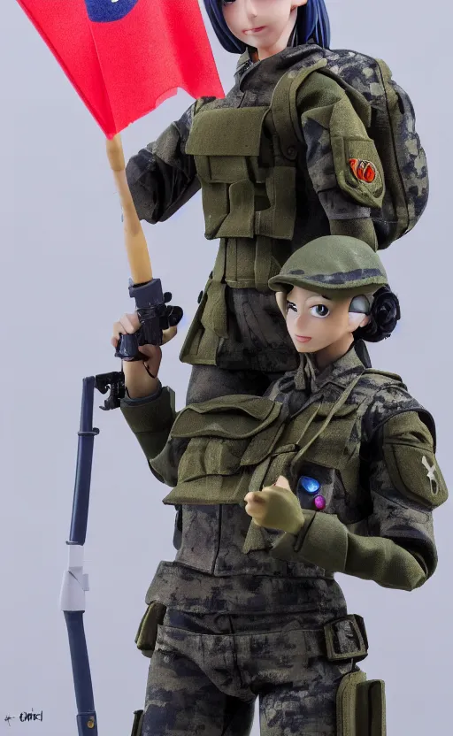 Prompt: ash arms, toy photo, realistic face, army uniform, portrait of the action figure of a girl, anime character anatomy, 3d printed, plastic and fabric, figma by good smile company, collection product, dirt and smoke background, navy flags, realistic military gear, 70mm lens, hard surfaces, photo taken by professional photographer, trending on Twitter, symbology, 4k resolution, low saturation, realistic tank addons