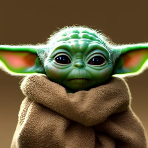 Image similar to full body pose, hyperrealistic photograph of baby yoda in a bikini, dim volumetric lighting, 8 k, octane beautifully detailed render, extremely hyper detailed, intricate, epic composition, cinematic lighting, masterpiece, trending on artstation, very very detailed, stunning, hdr, smooth, sharp focus, high resolution, award, winning photo, dslr, 5 0 mm