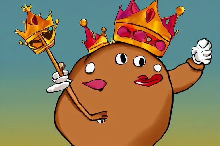 Image similar to cartoon pinto bean holding a staff, wearing kings crown, digital art,