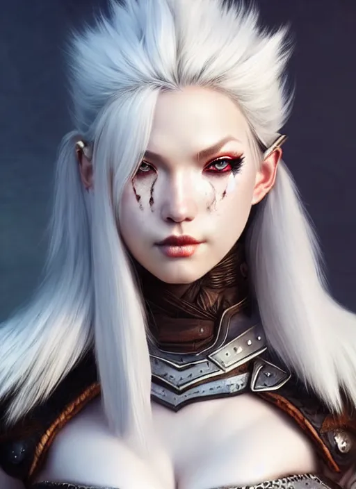 Image similar to barbarian, fur leather armor!!! beautiful and elegant white hair female!! gorgeous ayes!! character concept art, sharp focus, octane render! unreal engine 5! highly rendered!! trending on artstation!! detailed linework!! illustration by artgerm, wlop, and chie yoshii